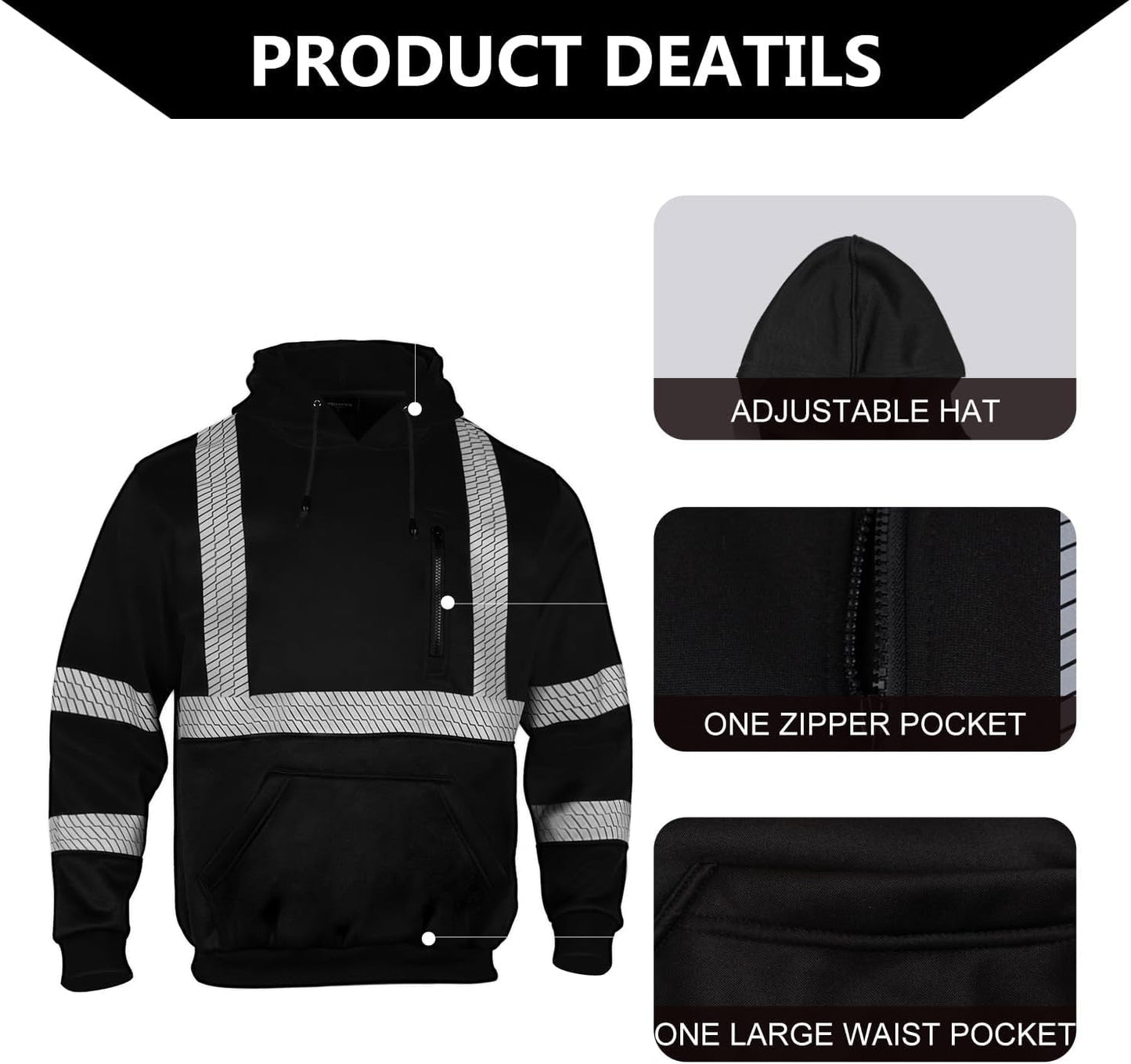 FONIRRA Hi Vis - Sudadera con capucha para hombre, reflectante, ANSI Clase 3, sudaderas de seguridad de alta visibilidad, construcción, trabajo, invierno, sin botones, color negro