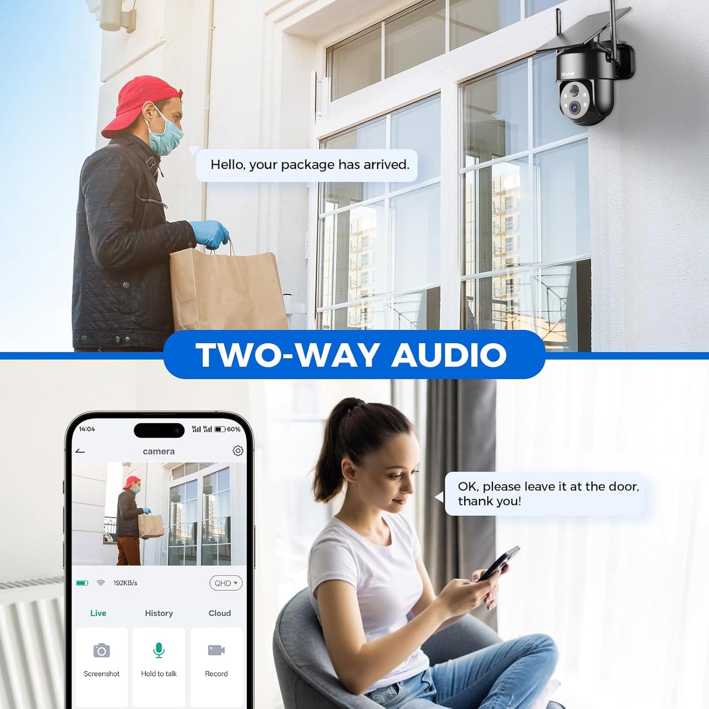 Cámaras de seguridad solares inalámbricas para exteriores, cámaras de visión 2K de 360° para seguridad del hogar, visión nocturna a color, detección de movimiento AI y PIR, audio de 2 vías