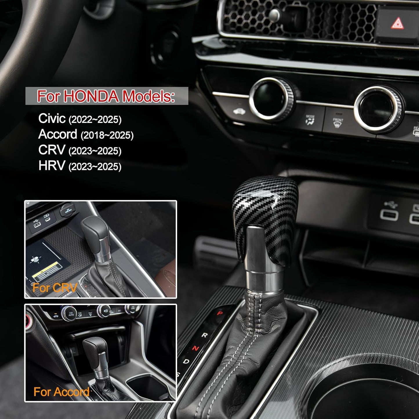 CKE Compatible con Honda Civic 2022 2023 2024 2025 para CRV HRV 2023 2024 2025 para Accord 2018-2024 2025 Accesorios para consola central de coche, cubierta de perilla de palanca de cambios - carbono