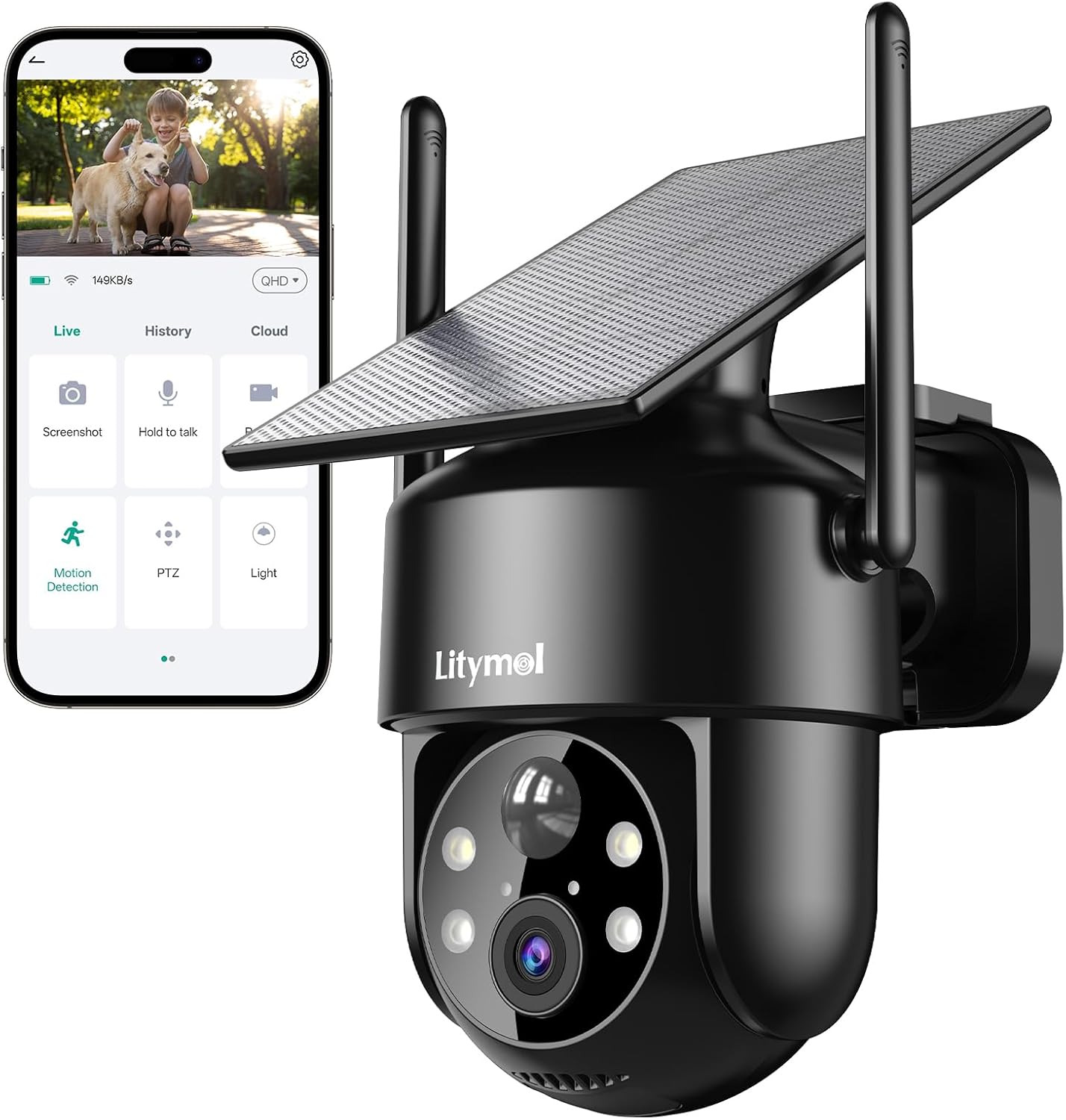 Cámaras de seguridad solares inalámbricas para exteriores, cámaras de visión 2K de 360° para seguridad del hogar, visión nocturna a color, detección de movimiento AI y PIR, audio de 2 vías
