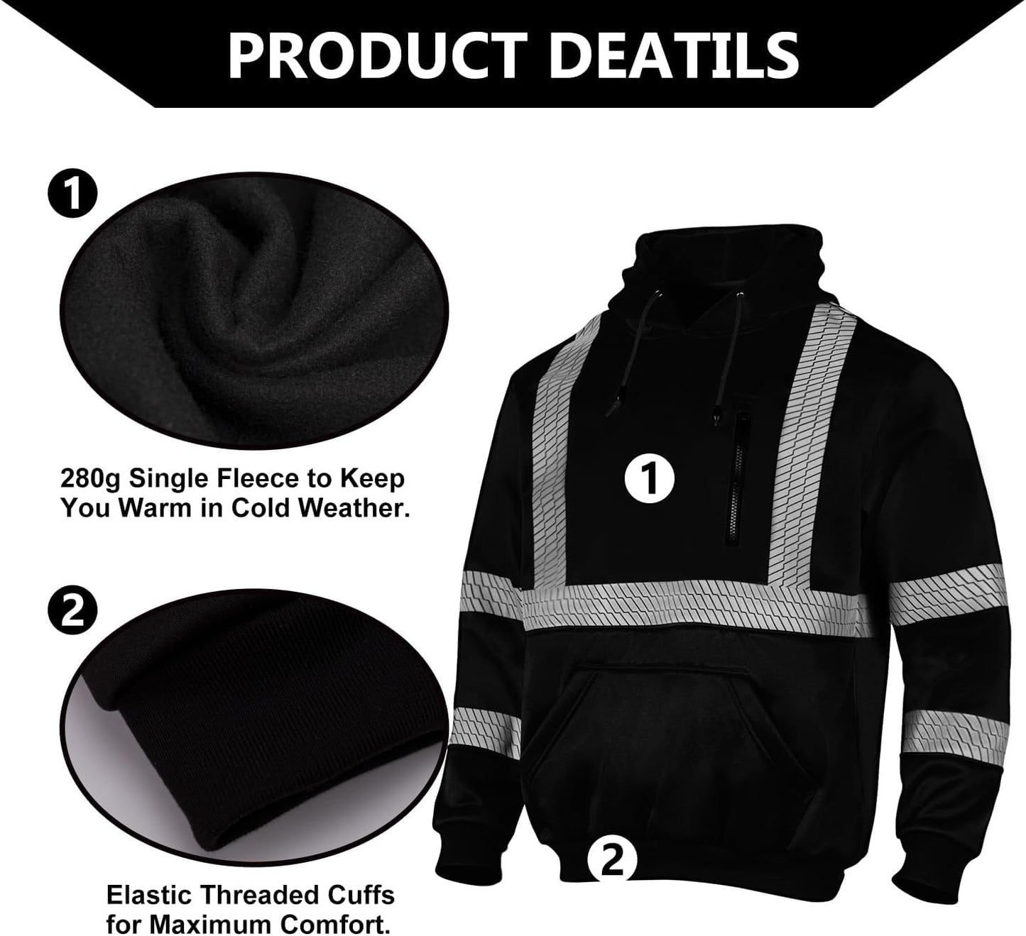 FONIRRA Hi Vis - Sudadera con capucha para hombre, reflectante, ANSI Clase 3, sudaderas de seguridad de alta visibilidad, construcción, trabajo, invierno, sin botones, color negro