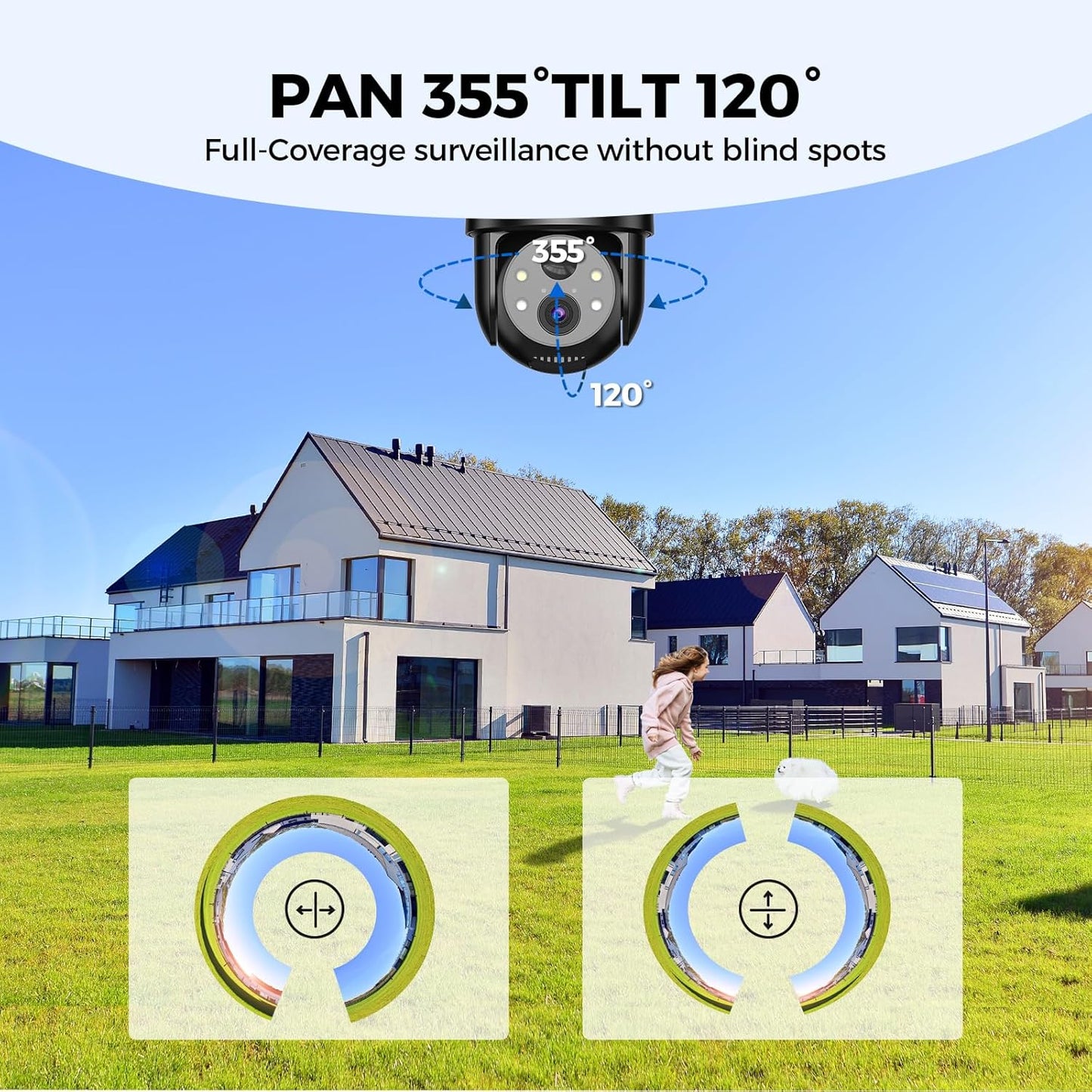 Cámaras de seguridad solares inalámbricas para exteriores, cámaras de visión 2K de 360° para seguridad del hogar, visión nocturna a color, detección de movimiento AI y PIR, audio de 2 vías