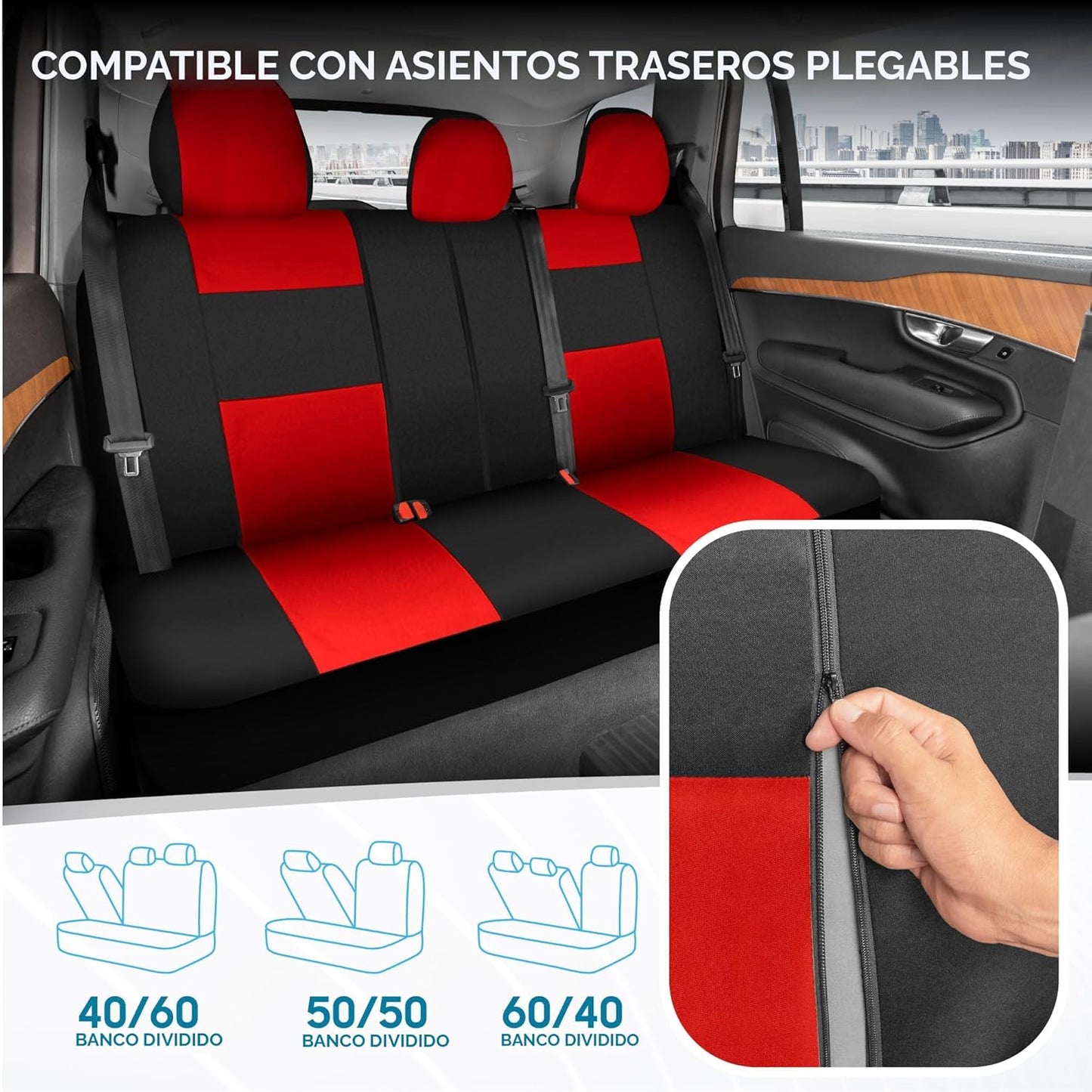 BDK PolyPro - Juego completo de fundas de asiento de coche en rojo sobre negro, fundas de asiento dividido delantero y trasero, fácil de instalar, accesorios para automóviles, camiones, furgonetas,