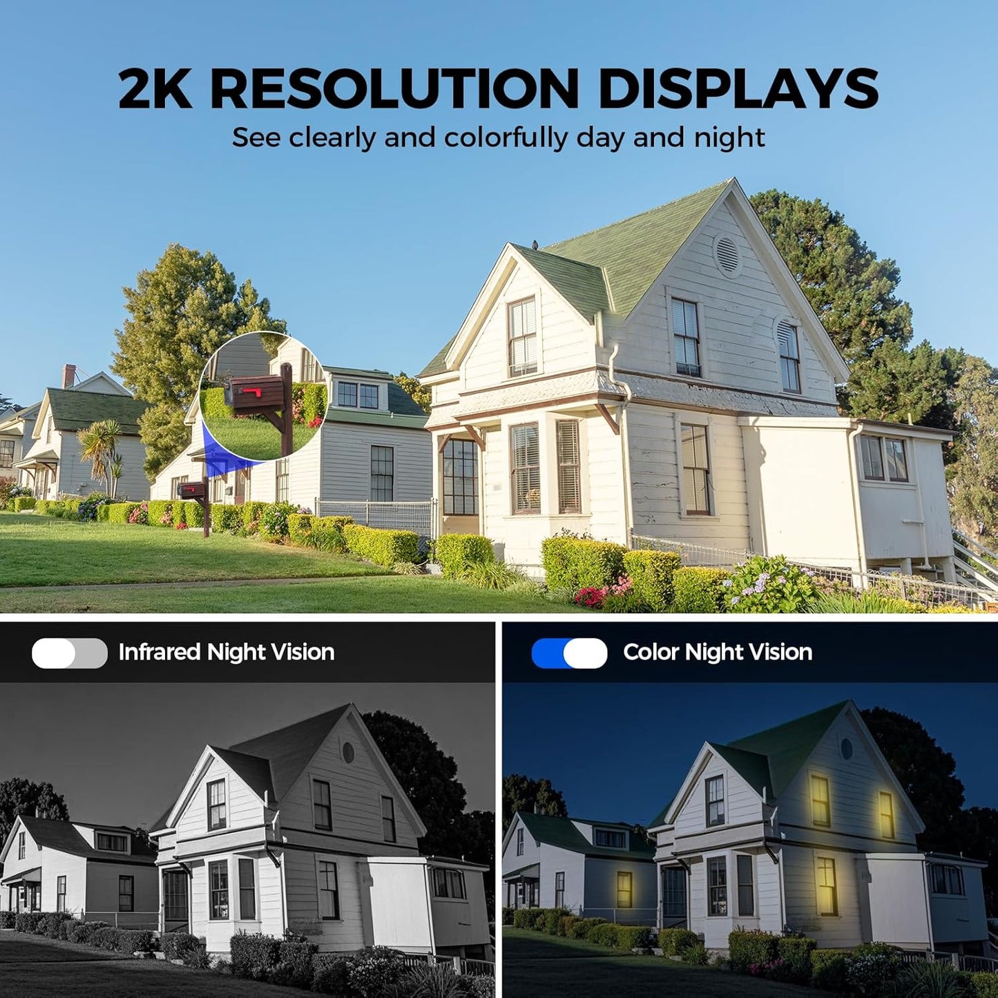 Cámaras de seguridad solares inalámbricas para exteriores, cámaras de visión 2K de 360° para seguridad del hogar, visión nocturna a color, detección de movimiento AI y PIR, audio de 2 vías
