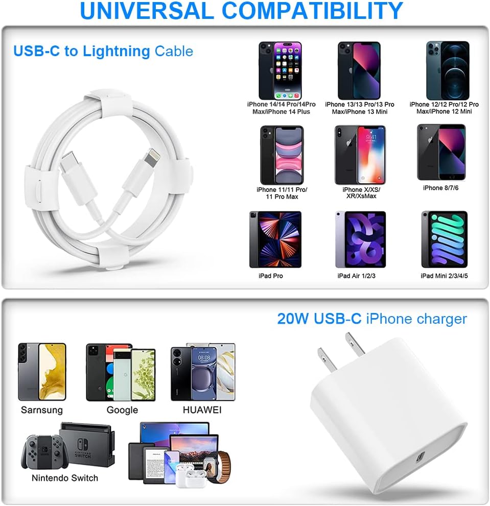 USB C Charger iPhone Charger Fast Charging 3Pack 20W Type C Wall Charger Block with 6FT Long USB C Charger Cable Compatible for iPhone 14Pro/13 Pro/12/12 Pro Max/11/XS Max/XS/XR/X/8