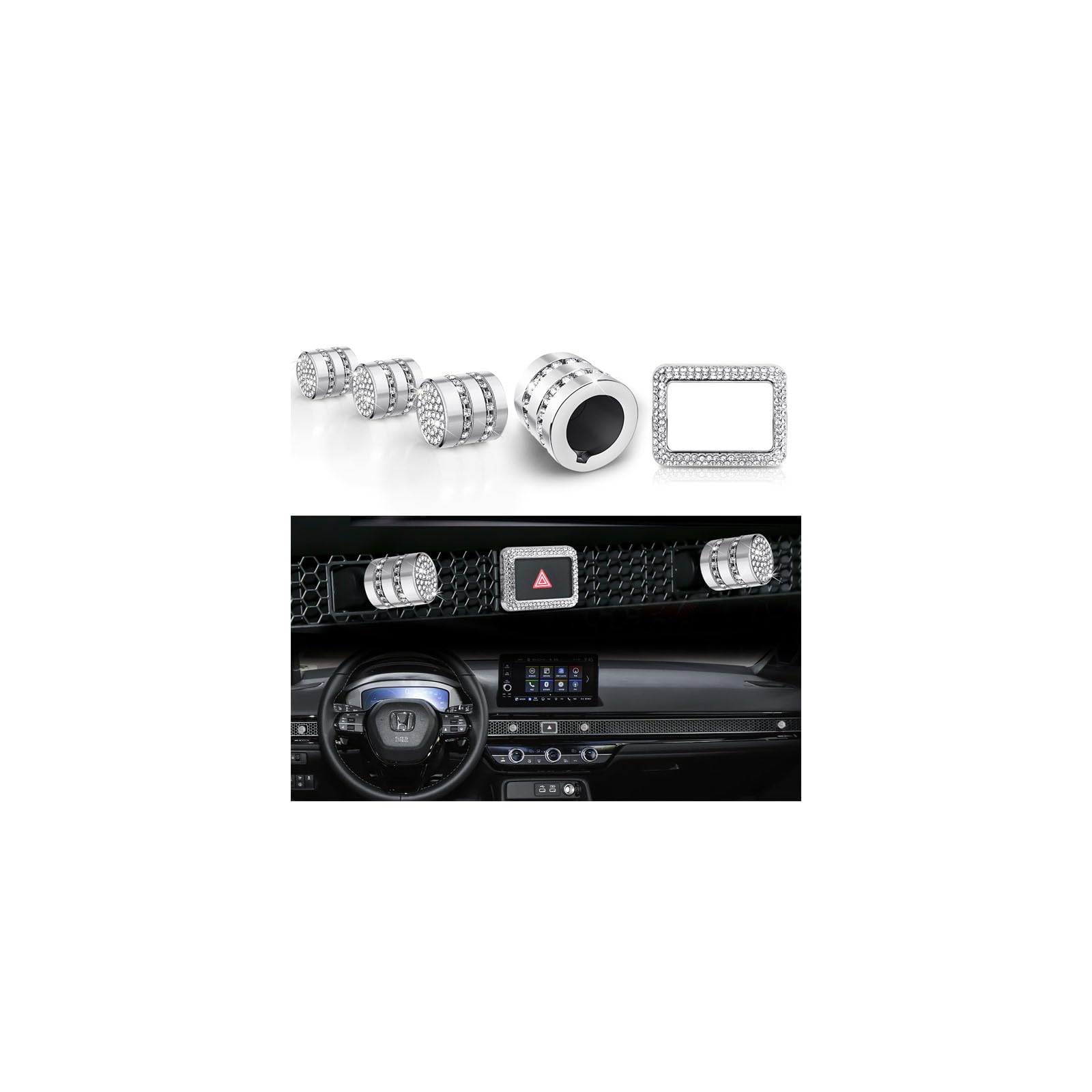 Interior Accessories for Honda Civic 2022-2025 & CRV & Acura Integra 2023-2025, 5pcs Aluminum Alloy Trim Set - Hazard Warning Light Button Cover, Air Vents Outlet Knob Covers (Gold)