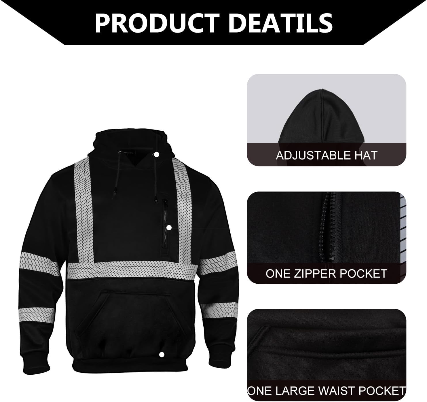 FONIRRA Hi Vis - Sudadera con capucha para hombre, reflectante, ANSI Clase 3, sudaderas de seguridad de alta visibilidad, construcción, trabajo, invierno, sin botones, color negro