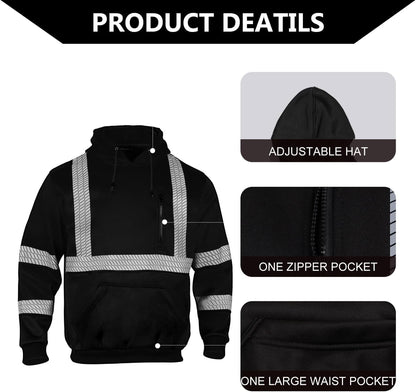 FONIRRA Hi Vis - Sudadera con capucha para hombre, reflectante, ANSI Clase 3, sudaderas de seguridad de alta visibilidad, construcción, trabajo, invierno, sin botones, color negro