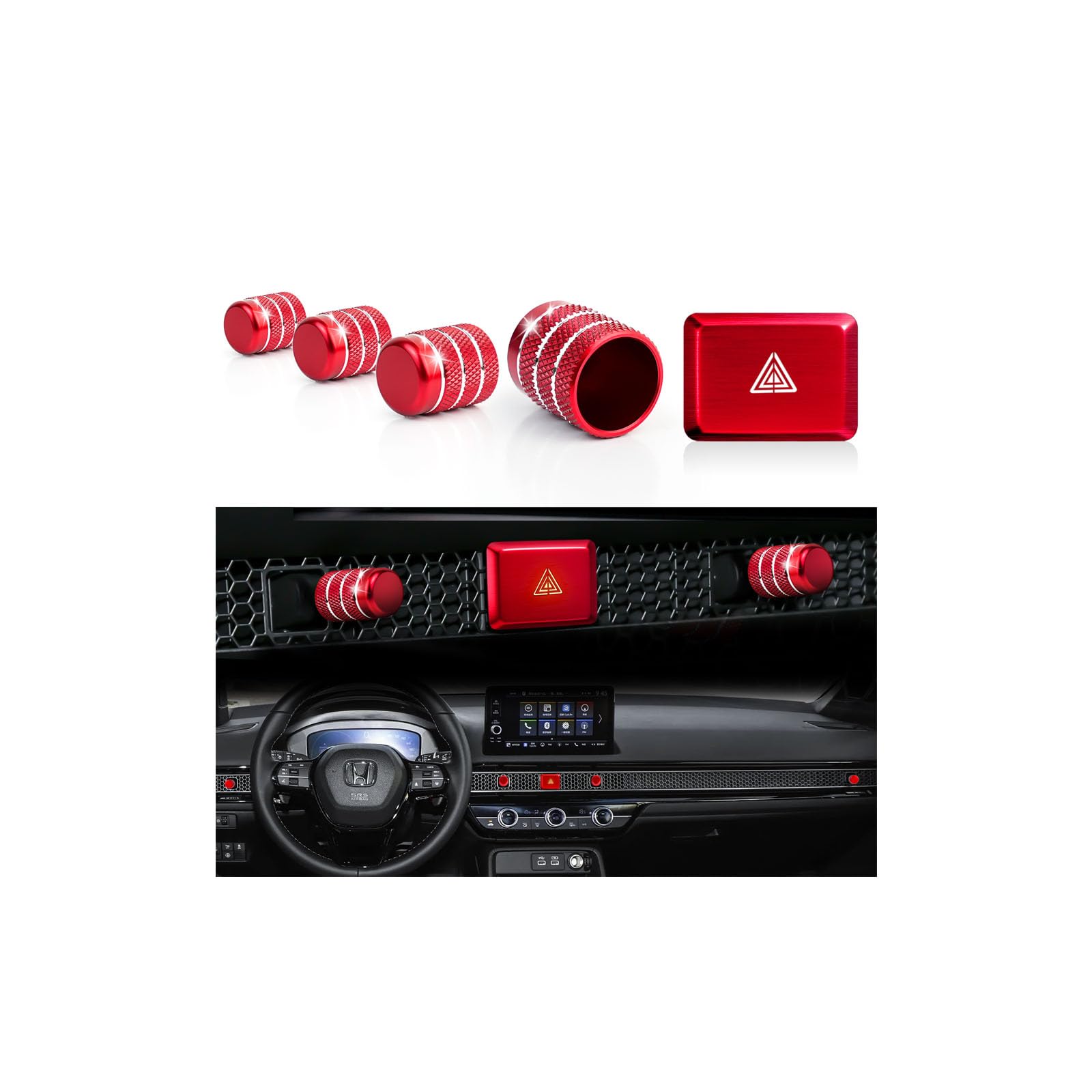 Interior Accessories for Honda Civic 2022-2025 & CRV & Acura Integra 2023-2025, 5pcs Aluminum Alloy Trim Set - Hazard Warning Light Button Cover, Air Vents Outlet Knob Covers (Gold)