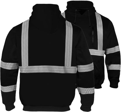 FONIRRA Hi Vis - Sudadera con capucha para hombre, reflectante, ANSI Clase 3, sudaderas de seguridad de alta visibilidad, construcción, trabajo, invierno, sin botones, color negro
