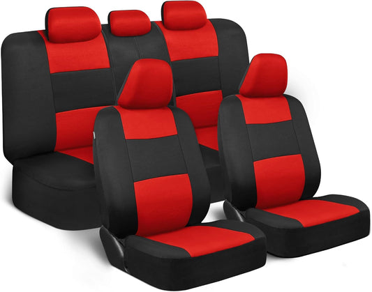 BDK PolyPro - Juego completo de fundas de asiento de coche en rojo sobre negro, fundas de asiento dividido delantero y trasero, fácil de instalar, accesorios para automóviles, camiones, furgonetas,