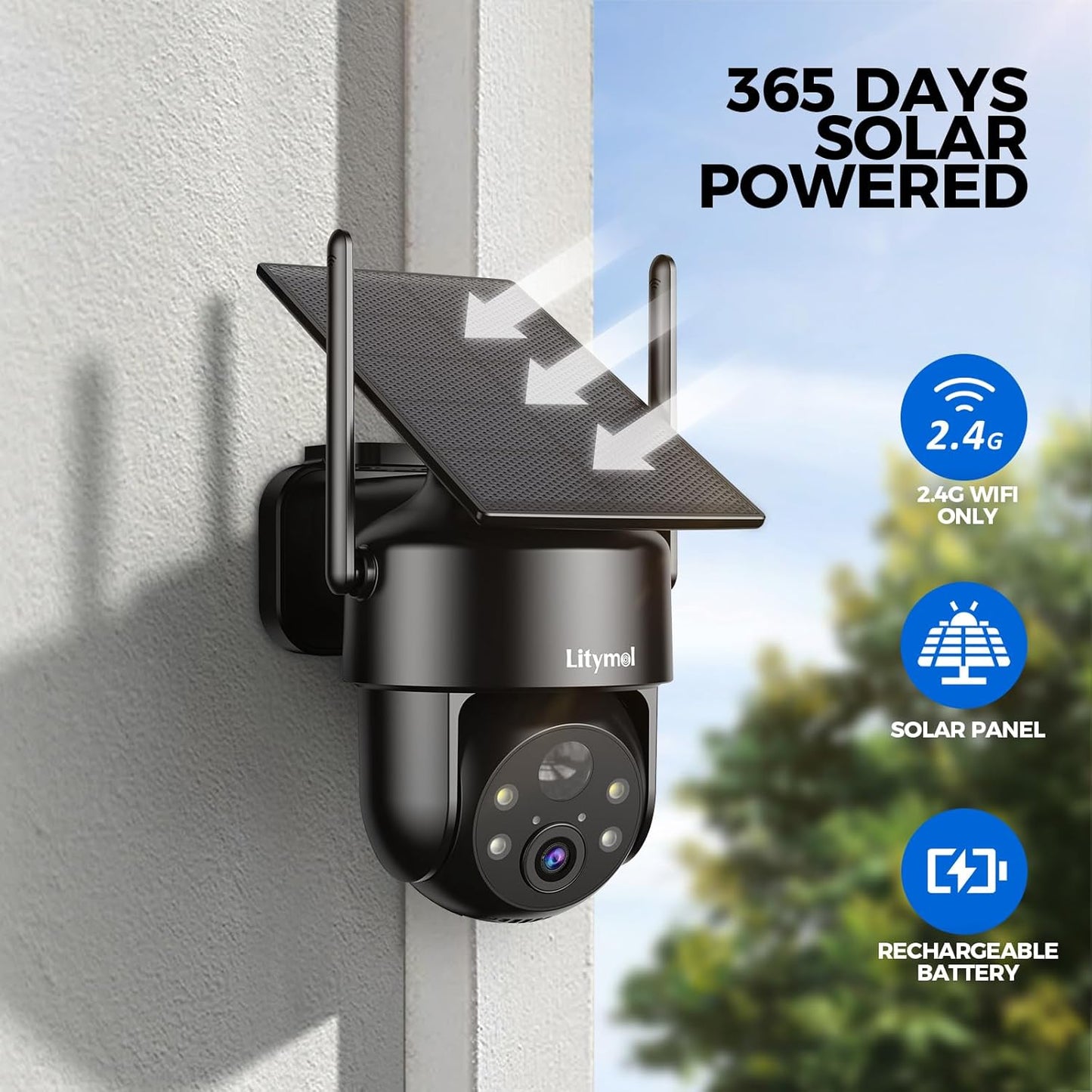 Cámaras de seguridad solares inalámbricas para exteriores, cámaras de visión 2K de 360° para seguridad del hogar, visión nocturna a color, detección de movimiento AI y PIR, audio de 2 vías