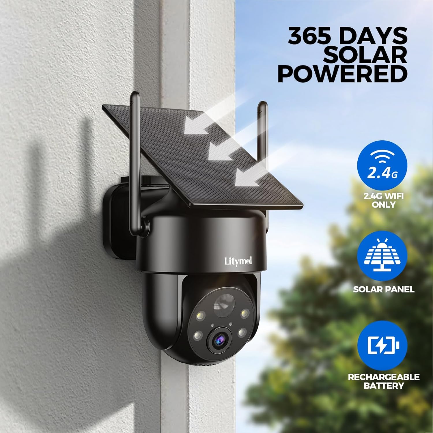 Cámaras de seguridad solares inalámbricas para exteriores, cámaras de visión 2K de 360° para seguridad del hogar, visión nocturna a color, detección de movimiento AI y PIR, audio de 2 vías