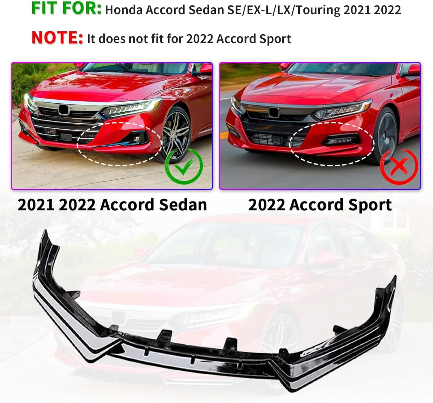 Archaic Borde de parachoques delantero compatible con Honda Accord 10.5th Sedan SE/EX-L/LX/Sport/Touring 2021 2022, kit de carrocería divisor debajo de la barbilla, alerón inferior