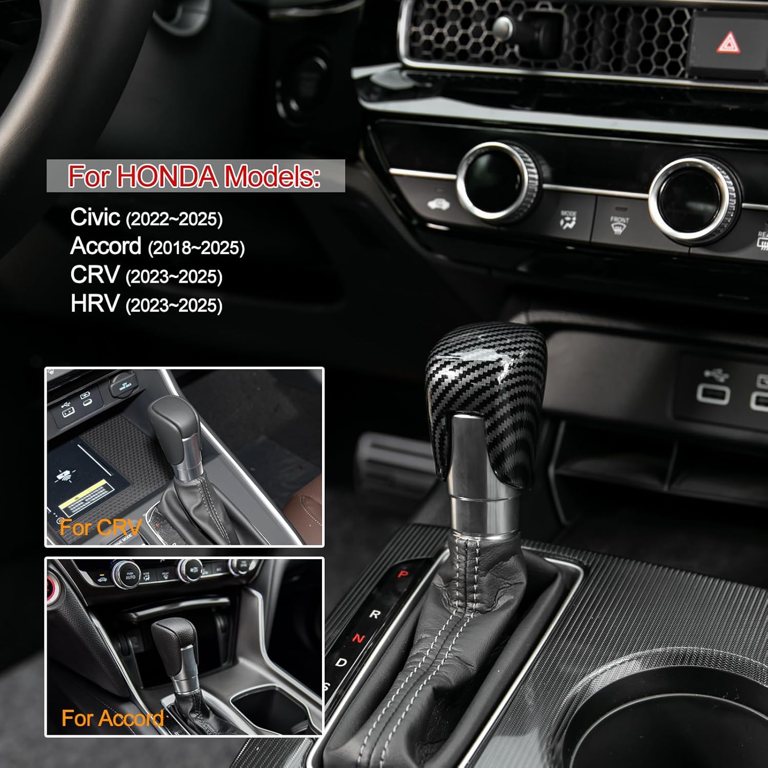 CKE Compatible con Honda Civic 2022 2023 2024 2025 para CRV HRV 2023 2024 2025 para Accord 2018-2024 2025 Accesorios para consola central de coche, cubierta de perilla de palanca de cambios - carbono