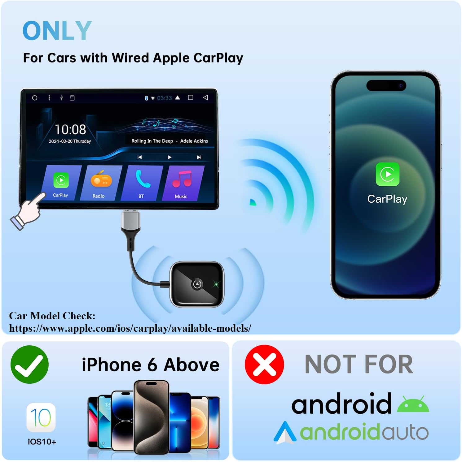 Adaptador inalámbrico CarPlay para Apple CarPlay, fácil de actualizar con cable CarPlay a inalámbrico, conectividad instantánea, Super Mini Car Play Dongle para iPhone Fit para autos con CarPlay