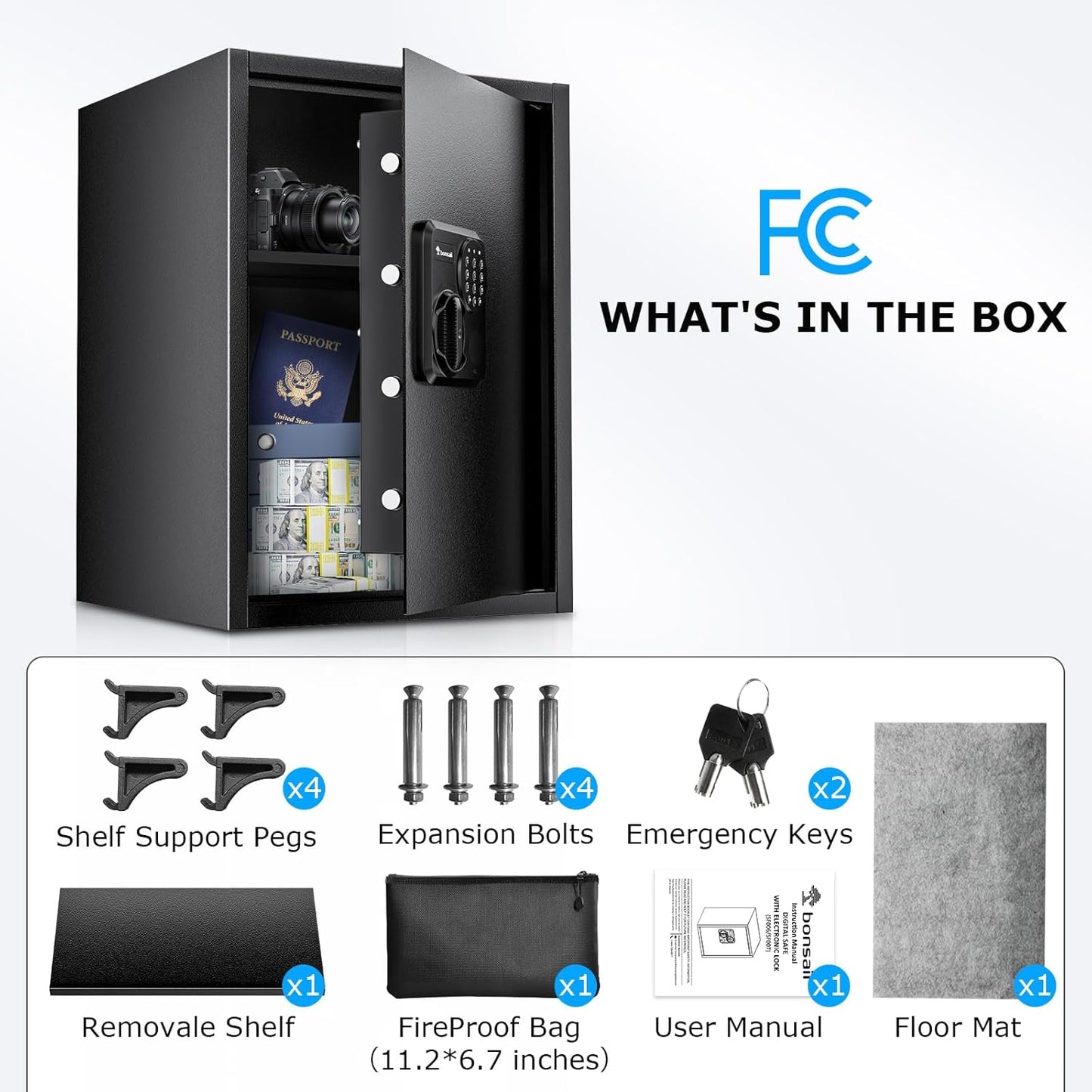 Bonsaii Large Safe Box with Fireproof Bag,2.5 Cubic Feet for home security with Electronic Keypad and Removable Shelf,Document Safe for Home,Money,Cash,Jewelry,15.7"Wx15"Dx21.7"H