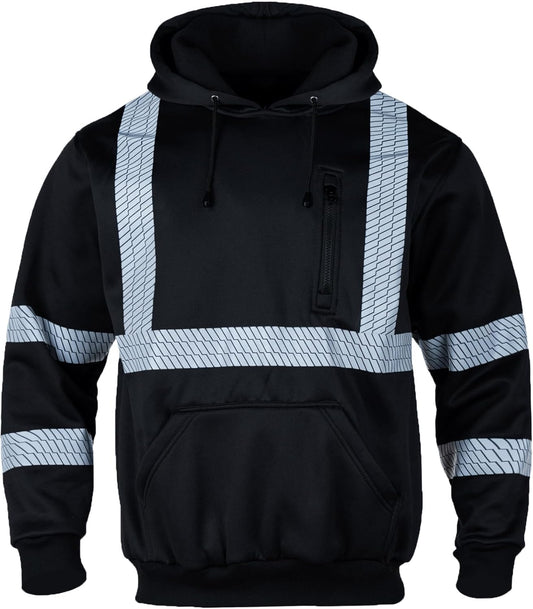 FONIRRA Hi Vis - Sudadera con capucha para hombre, reflectante, ANSI Clase 3, sudaderas de seguridad de alta visibilidad, construcción, trabajo, invierno, sin botones, color negro