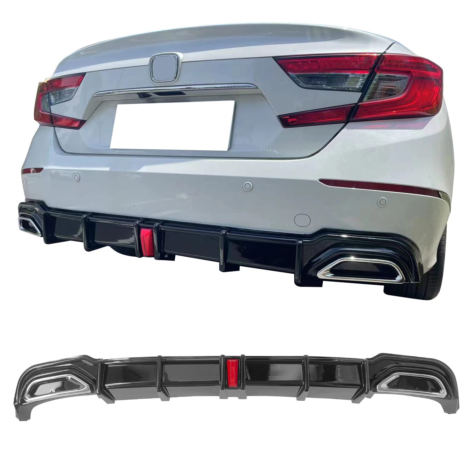 IKON MOTORSPORTS, Rear Bumper Lip Diffuser Compatible with 2018-2022 Honda Accord Hybrid, PP Carbon Fiber Print Rear Shark Fins Spoiler with Light, 2019 2020 2021