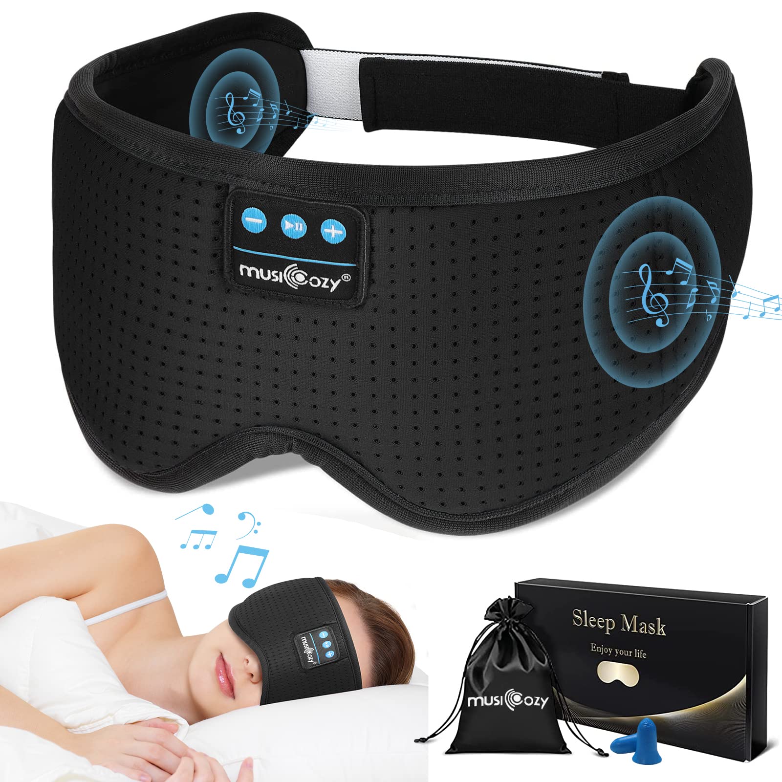 MUSICOZY - Auriculares con Bluetooth, máscara con auriculares inalámbricos para dormir de lado, hombres y mujeres, oficina, siesta, viajes en avión, regalos únicos para niños y niñas
