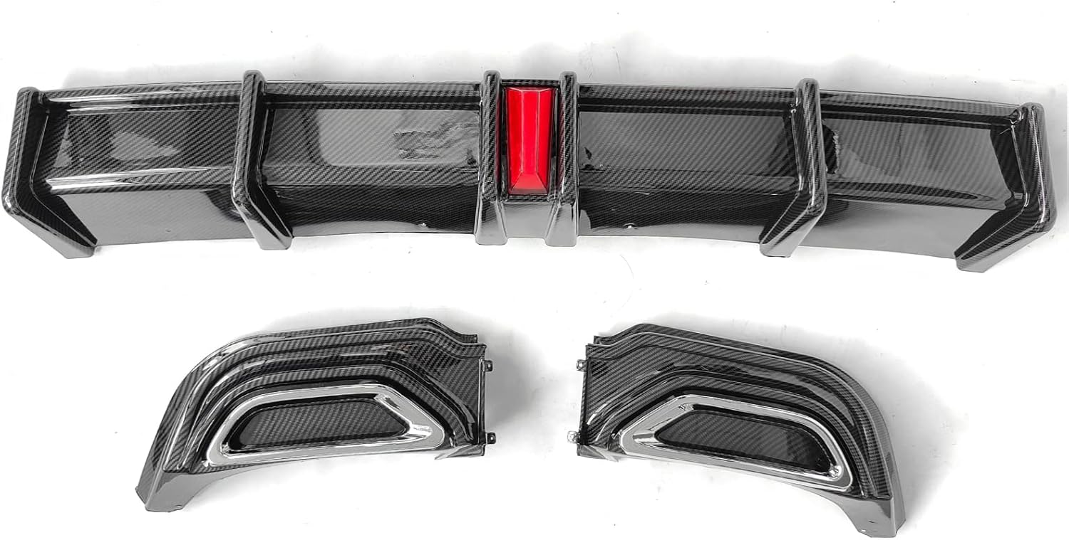 IKON MOTORSPORTS, Rear Bumper Lip Diffuser Compatible with 2018-2022 Honda Accord Hybrid, PP Carbon Fiber Print Rear Shark Fins Spoiler with Light, 2019 2020 2021