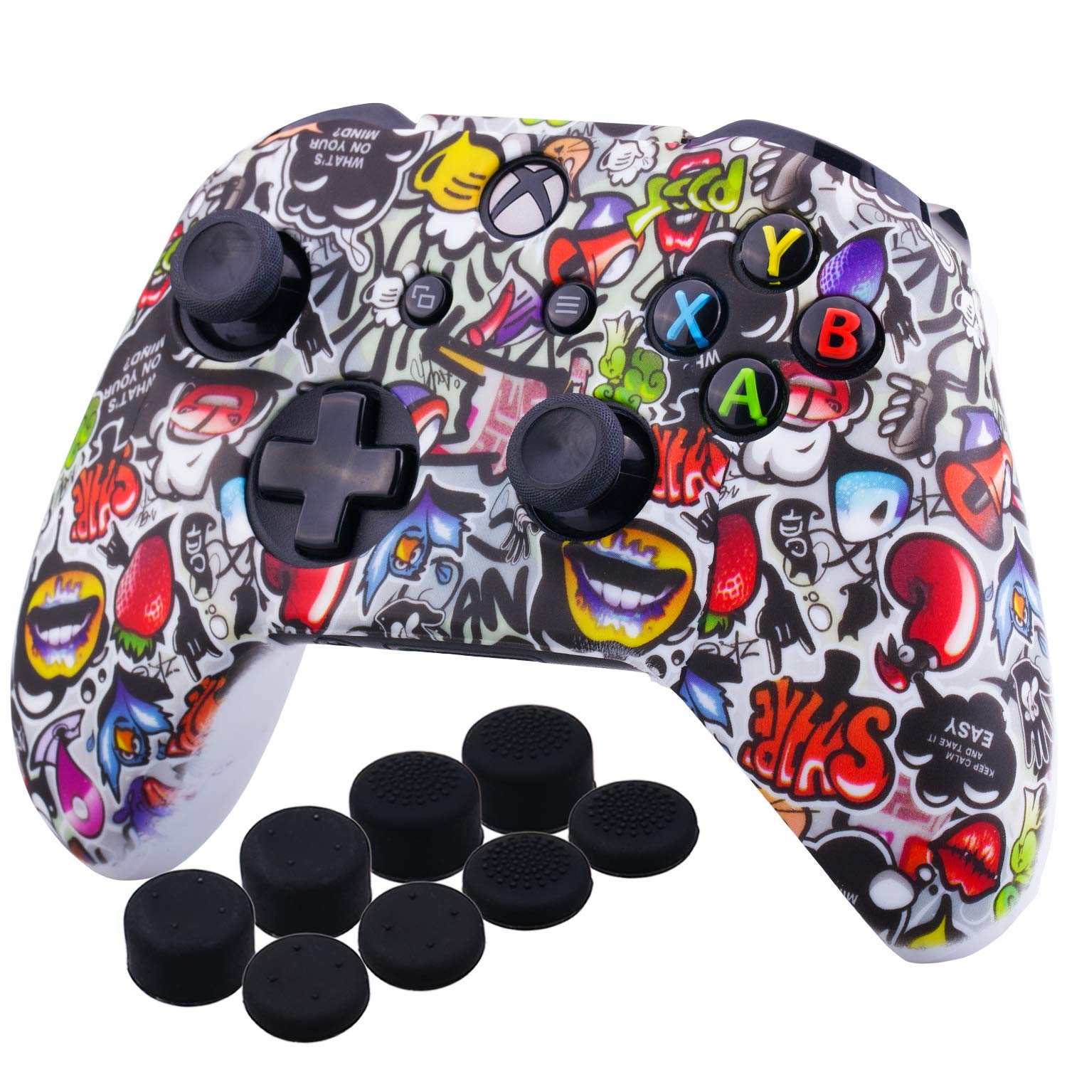 YoRHa Printing Rubber Silicone Cover Skin Case for Xbox One S/X Controller x 1(US Dollar) with PRO Thumb Grips x 8