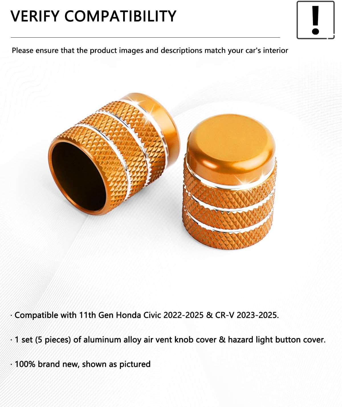 Interior Accessories for Honda Civic 2022-2025 & CRV & Acura Integra 2023-2025, 5pcs Aluminum Alloy Trim Set - Hazard Warning Light Button Cover, Air Vents Outlet Knob Covers (Gold)
