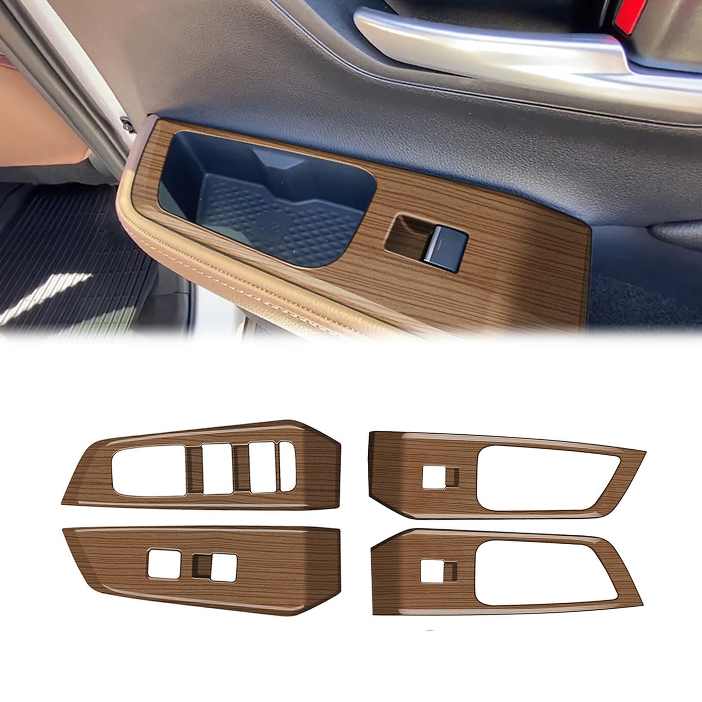 Peach Wood Grain Door Armrest Window Lift Down Switches Button Panel Cover Trims ABS 4Pc fit for Toyota Grand Highlander 2024 2025