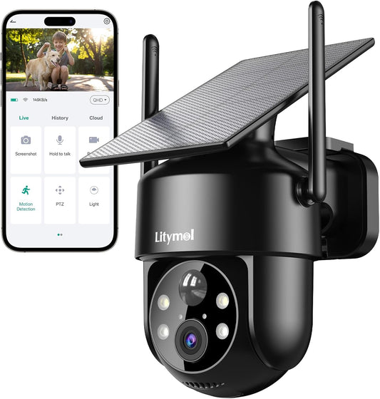 Cámaras de seguridad solares inalámbricas para exteriores, cámaras de visión 2K de 360° para seguridad del hogar, visión nocturna a color, detección de movimiento AI y PIR, audio de 2 vías