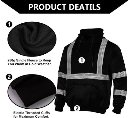 FONIRRA Hi Vis - Sudadera con capucha para hombre, reflectante, ANSI Clase 3, sudaderas de seguridad de alta visibilidad, construcción, trabajo, invierno, sin botones, color negro