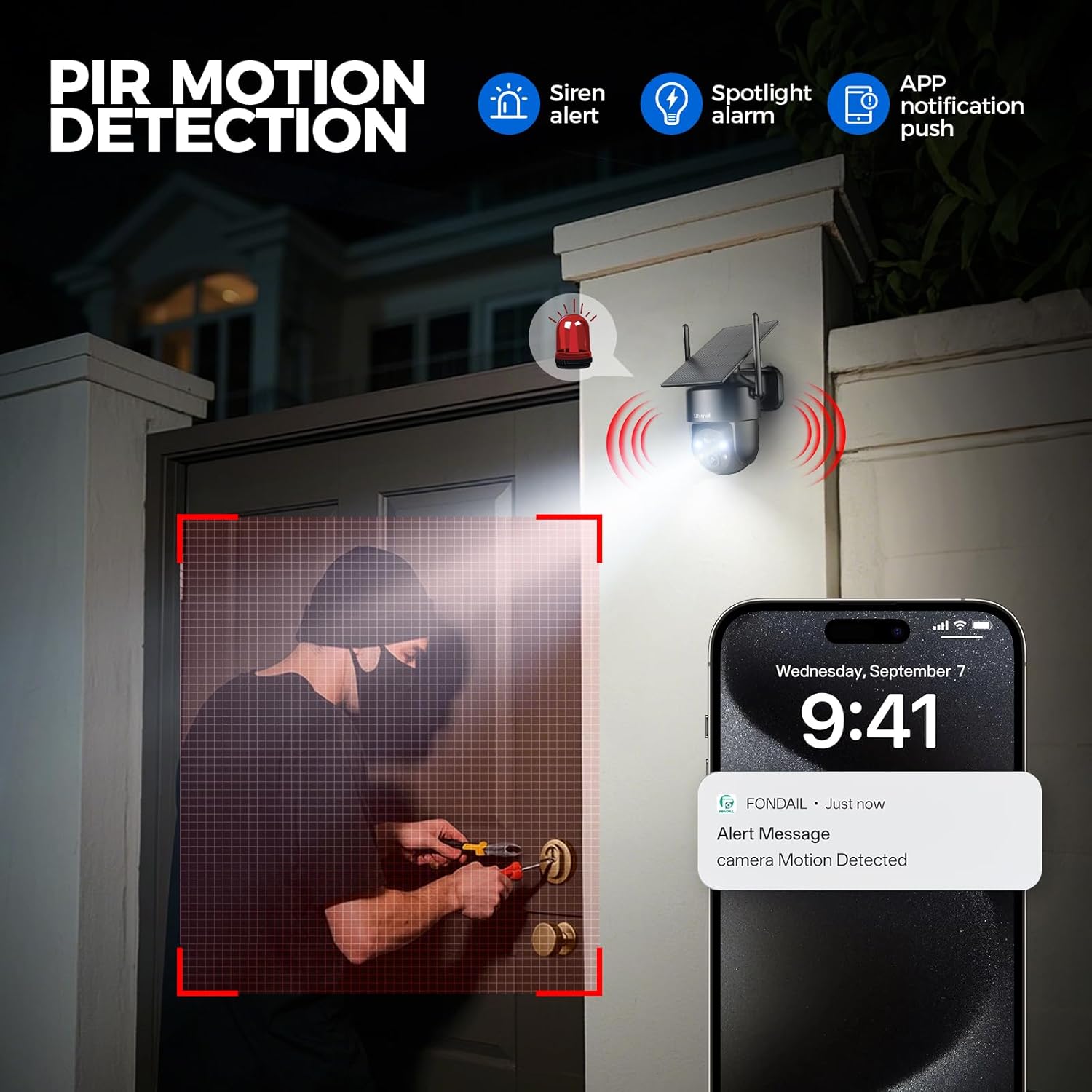 Cámaras de seguridad solares inalámbricas para exteriores, cámaras de visión 2K de 360° para seguridad del hogar, visión nocturna a color, detección de movimiento AI y PIR, audio de 2 vías
