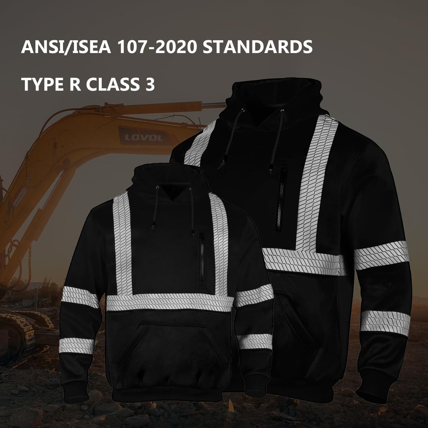 FONIRRA Hi Vis - Sudadera con capucha para hombre, reflectante, ANSI Clase 3, sudaderas de seguridad de alta visibilidad, construcción, trabajo, invierno, sin botones, color negro