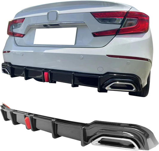 IKON MOTORSPORTS, Rear Bumper Lip Diffuser Compatible with 2018-2022 Honda Accord Hybrid, PP Carbon Fiber Print Rear Shark Fins Spoiler with Light, 2019 2020 2021