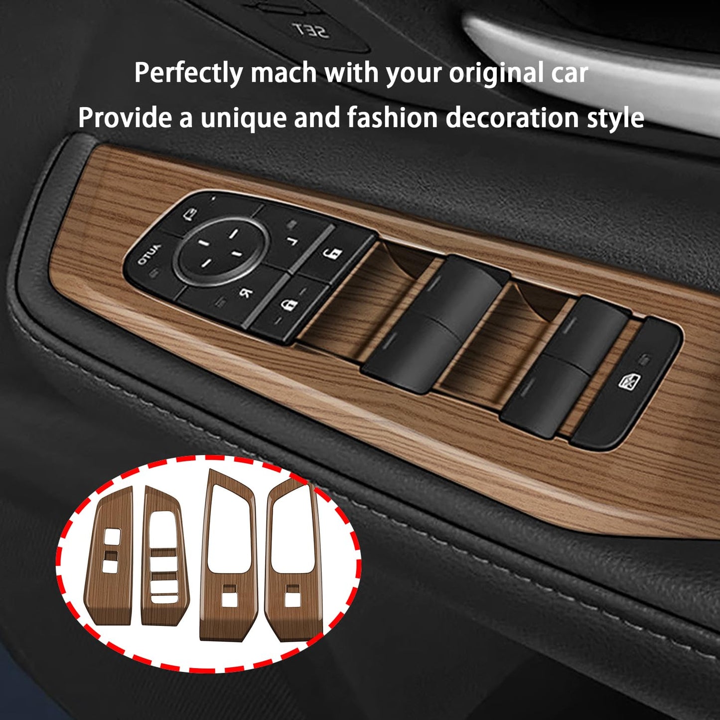 Peach Wood Grain Door Armrest Window Lift Down Switches Button Panel Cover Trims ABS 4Pc fit for Toyota Grand Highlander 2024 2025