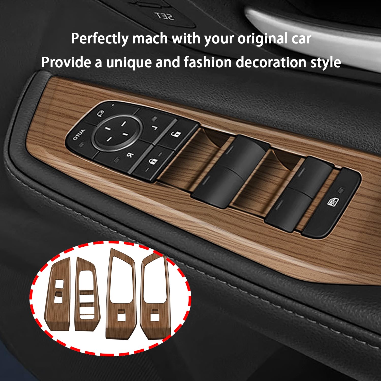 Peach Wood Grain Door Armrest Window Lift Down Switches Button Panel Cover Trims ABS 4Pc fit for Toyota Grand Highlander 2024 2025