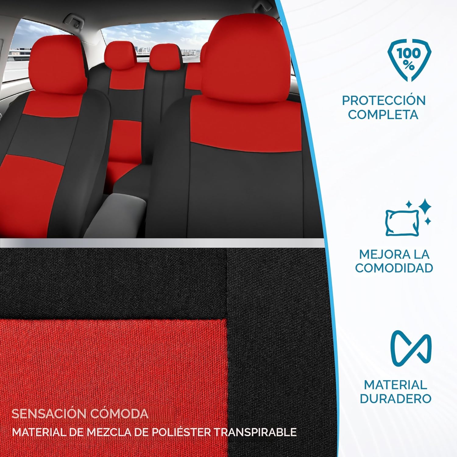 BDK PolyPro - Juego completo de fundas de asiento de coche en rojo sobre negro, fundas de asiento dividido delantero y trasero, fácil de instalar, accesorios para automóviles, camiones, furgonetas,
