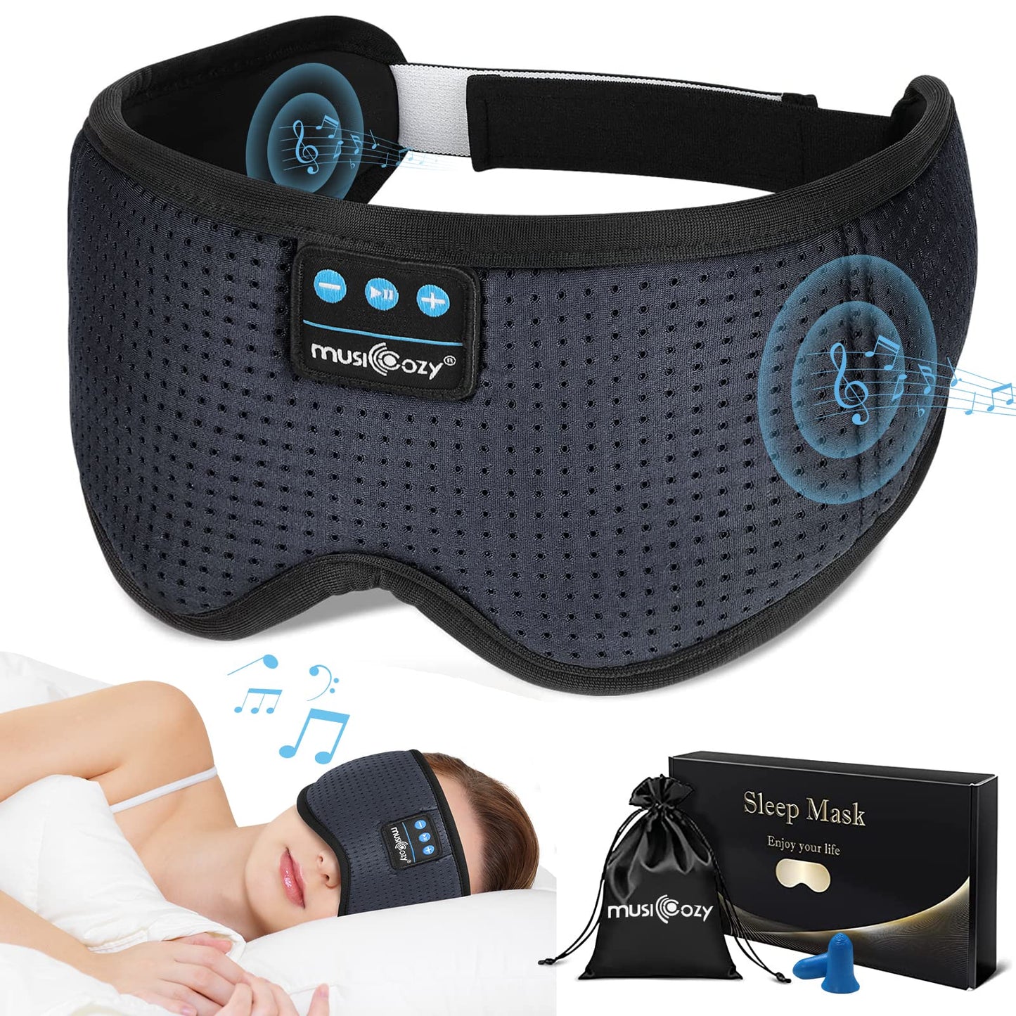 MUSICOZY - Auriculares con Bluetooth, máscara con auriculares inalámbricos para dormir de lado, hombres y mujeres, oficina, siesta, viajes en avión, regalos únicos para niños y niñas