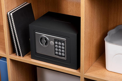 Small Electronic Safe Box With Digital Keypad & Keys - 9.05 x 6.7 x 6.7 Inches Wall Safe 0.23Cuft Mini Security Box for Coin Home Office Hotel Rooms Business Jewelry Gun (Black)