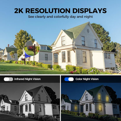 Cámaras de seguridad solares inalámbricas para exteriores, cámaras de visión 2K de 360° para seguridad del hogar, visión nocturna a color, detección de movimiento AI y PIR, audio de 2 vías