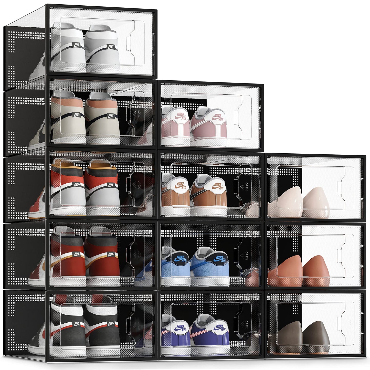 SEE SPRING 12 Pack Shoe Storage Box, Clear Plastic Stackable Shoe Organizer for Closet, Space Saving Foldable Shoe Rack Sneaker Container Bin Holder