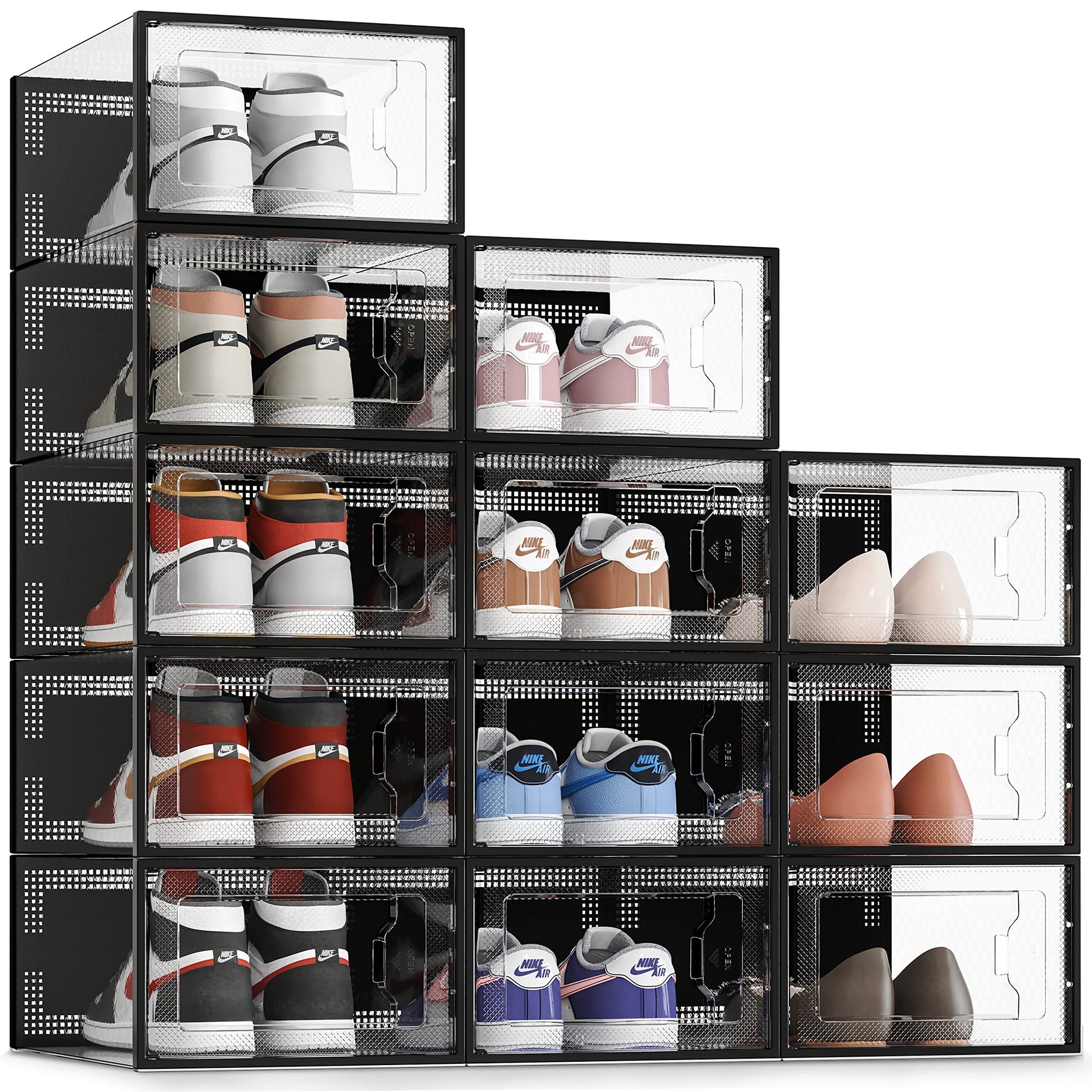SEE SPRING 12 Pack Shoe Storage Box, Clear Plastic Stackable Shoe Organizer for Closet, Space Saving Foldable Shoe Rack Sneaker Container Bin Holder