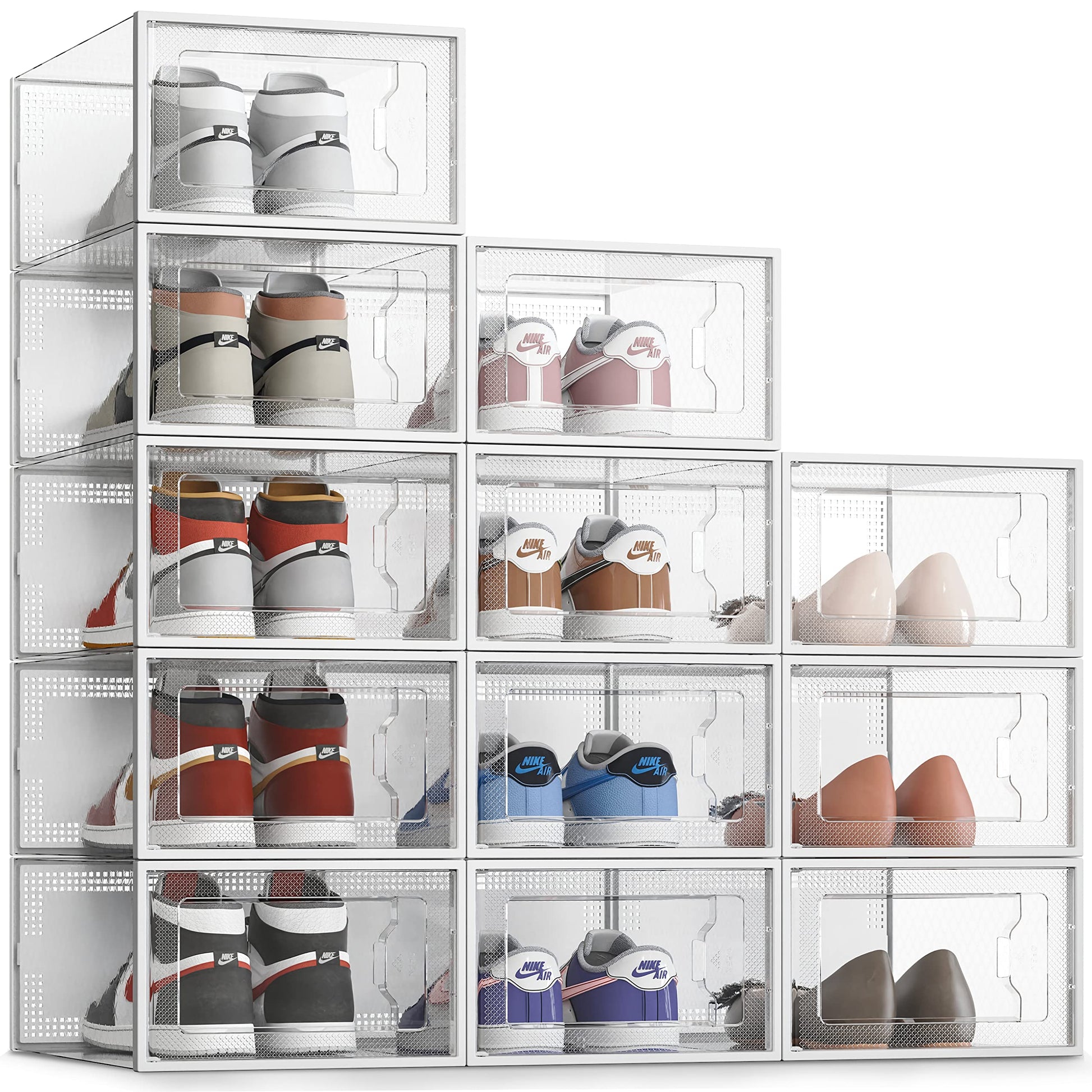 SEE SPRING 12 Pack Shoe Storage Box, Clear Plastic Stackable Shoe Organizer for Closet, Space Saving Foldable Shoe Rack Sneaker Container Bin Holder