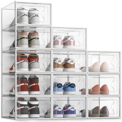 SEE SPRING 12 Pack Shoe Storage Box, Clear Plastic Stackable Shoe Organizer for Closet, Space Saving Foldable Shoe Rack Sneaker Container Bin Holder