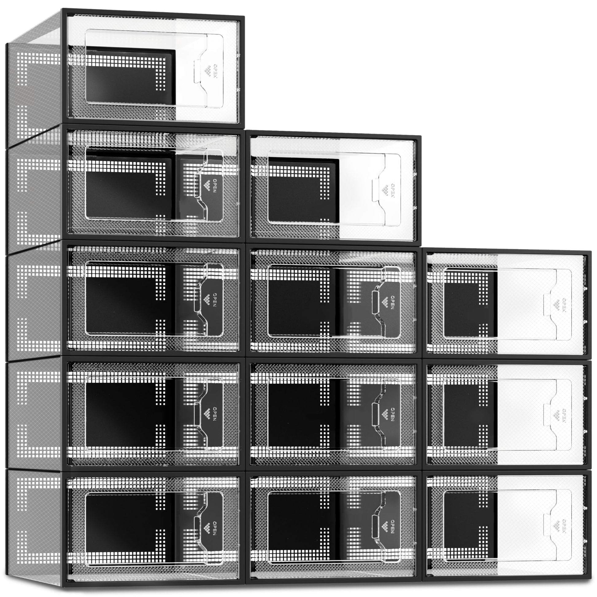 SEE SPRING 12 Pack Shoe Storage Box, Clear Plastic Stackable Shoe Organizer for Closet, Space Saving Foldable Shoe Rack Sneaker Container Bin Holder